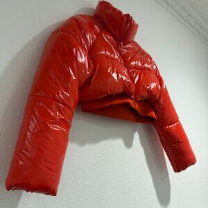 Zara Cropped Puffer Jacket Red (Orange) Shiny Quilted Women's Size S
